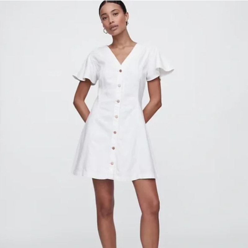 Women's White Button-Front V-Neck Dress